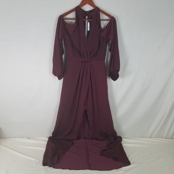 Lush Romper Dress Womens Small Burgundy Bishop Sleeve Cold‎ Shoulder Surplice - Picture 1 of 16